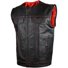 Men's Black Premium Cowhide Leather SOA Style Club Vest With Quick Access Conceal Carry Pocket and Red Liner