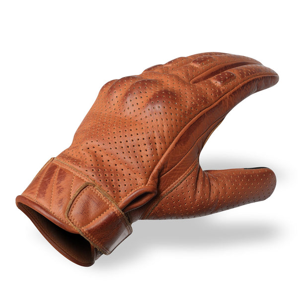 Mens Premium Waxed Austin Brown Leather Perforated Motorcycle Gloves