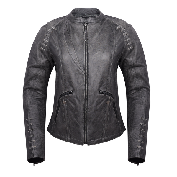 Women's Lace and Grommet Detail Distressed Gray Goat Skin Leather Lady Biker Motorcycle Fashion Jacket