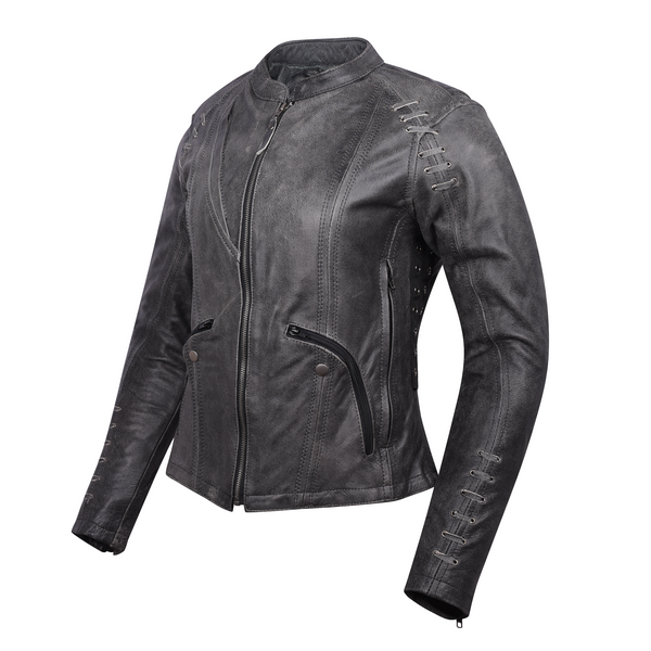 Women's Lace and Grommet Detail Distressed Gray Goat Skin Leather Lady Biker Motorcycle Fashion Jacket