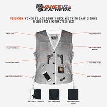 VB1045 Women's Black Denim V Neck Vest with Snap opening & side laces Infographic