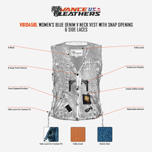 VB1045BL Women's Blue Denim V Neck Vest with Snap opening & side laces Infographic