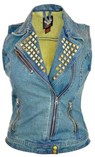 Women's Blue Denim Motorcycle Vest With Studded Collar