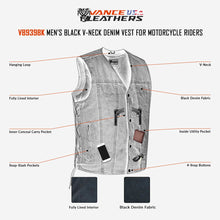 VB939BK Men's Black V-Neck Denim Vest for Motorcycle Riders Infographic