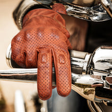 Mens Premium Waxed Austin Brown Leather Perforated Motorcycle Gloves