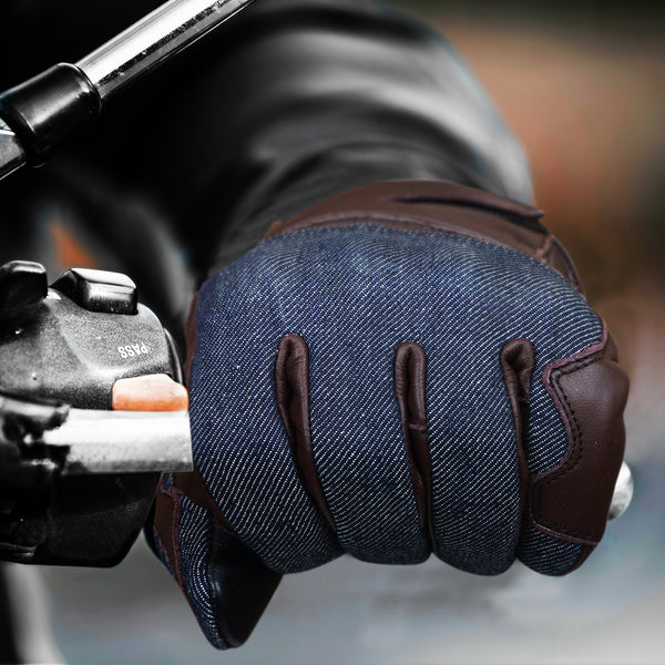 Denim & Leather Motorcycle Gloves (Brown) with Mobile Phone Touchscreen