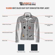 Vance Mens Black Heavy Duty Denim Button Front Motorcycle Jacket, Jean Jacket for Men - Infographic