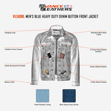 Vance Mens Blue Heavy Duty Denim Button Front Motorcycle Jacket, Jean Jacket for Men - Infographic