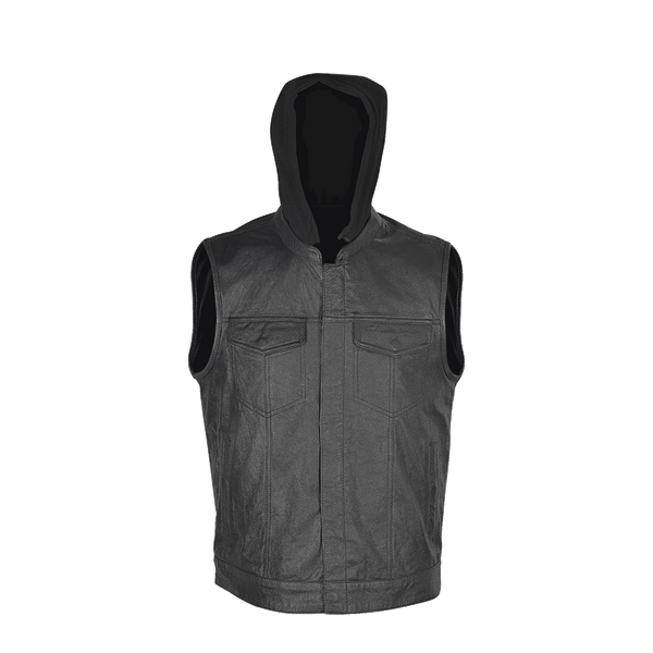 Zipper and Snap Closure Leather Motorcycle Club Vest with Hoodie and 2 Gun Pockets