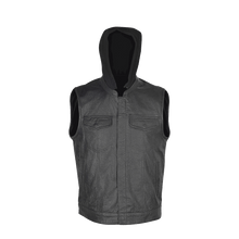 Zipper and Snap Closure Leather Motorcycle Club Vest with Hoodie and 2 Gun Pockets