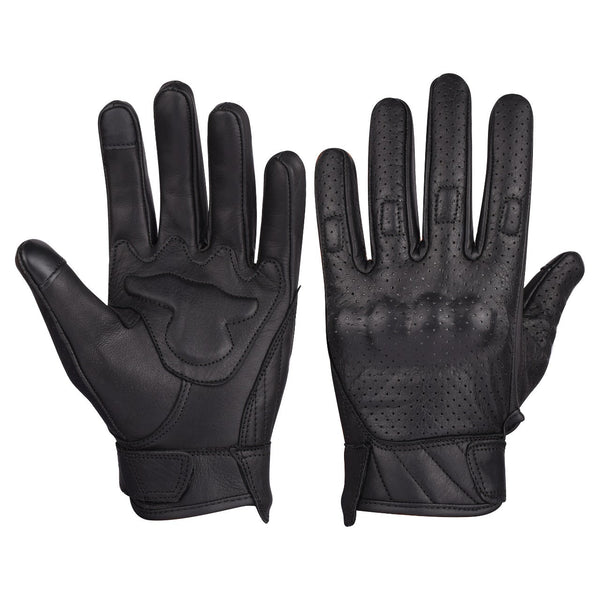 Mens Premium Leather Perforated Cruiser Gloves with Knuckle Protection - Touchscreen Motorcycle Gloves