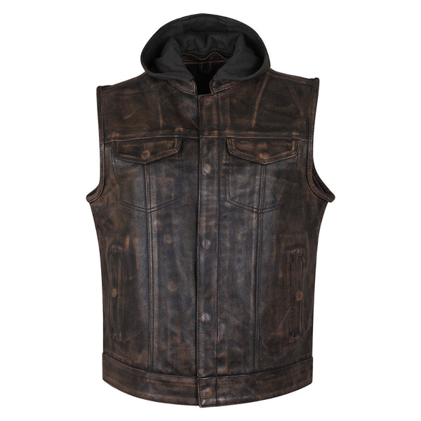 Mens Premium Cowhide Distressed Brown SOA Style Biker Club Leather Motorcycle Vest With Hoodie