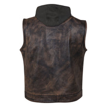 Mens Premium Cowhide Distressed Brown SOA Style Biker Club Leather Motorcycle Vest With Hoodie