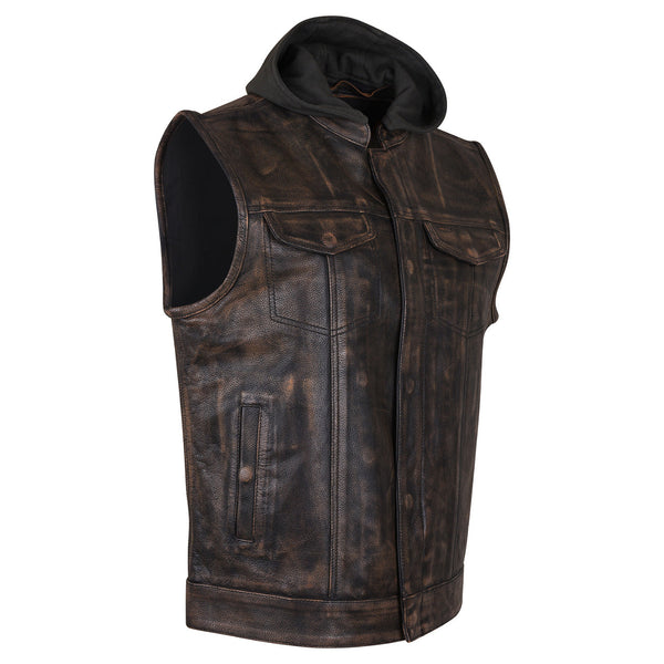 Mens Premium Cowhide Distressed Brown SOA Style Biker Club Leather Motorcycle Vest With Hoodie