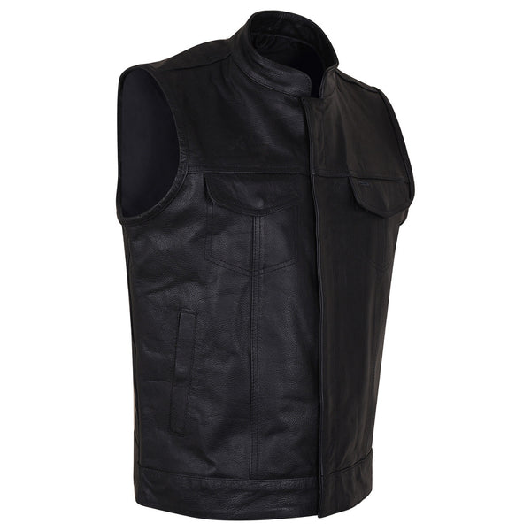 Men's Standard Black Zipper and Snap Closure Concealed Carry SOA Style Leather Motorcycle Vest