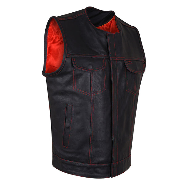 Men's Black Premium Cowhide Leather SOA Style Club Vest With Quick Access Conceal Carry Pocket and Red Liner