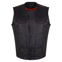 Men's Black Premium Cowhide Leather SOA Style Club Vest With Quick Access Conceal Carry Pocket and Red Liner