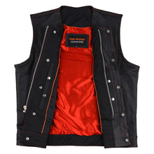 Men's Black Premium Cowhide Leather SOA Style Club Vest With Quick Access Conceal Carry Pocket and Red Liner