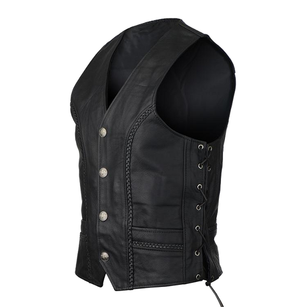 Men's Black Straight Bottom Motorcycle Leather Vest With Buffalo Nickel Snaps