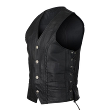 Men's Black Straight Bottom Motorcycle Leather Vest With Buffalo Nickel Snaps