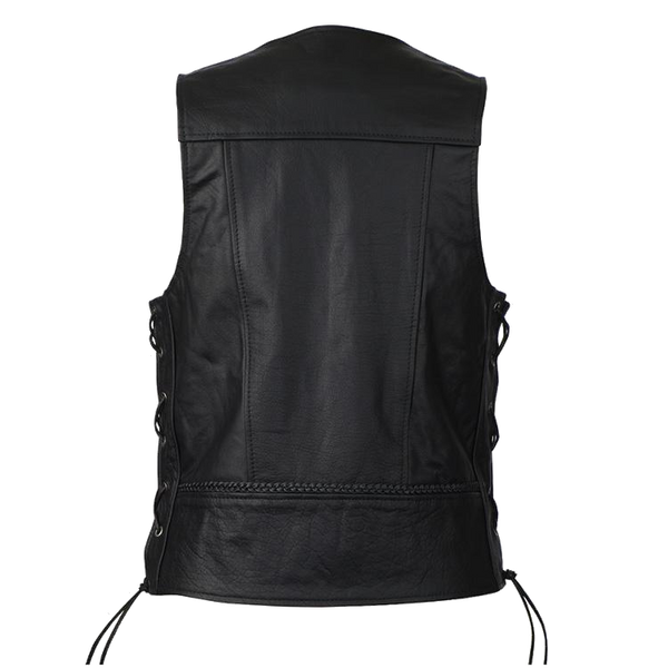 Men's Black Straight Bottom Motorcycle Leather Vest With Buffalo Nickel Snaps