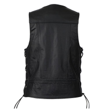 Men's Black Straight Bottom Motorcycle Leather Vest With Buffalo Nickel Snaps