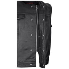 Mens Black Premium Cowhide Leather Biker Motorcycle Vest With Quick Access Conceal Carry Pockets and Gray Stitching