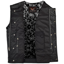 Mens Black Premium Cowhide Leather Biker Motorcycle Vest With Quick Access Conceal Carry Pockets and Gray Stitching