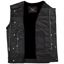 Mens Black Premium Cowhide Leather Biker Motorcycle Vest With Quick Access Conceal Carry Pockets and Gray Stitching