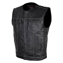 Mens Black Premium Cowhide Leather Biker Motorcycle Vest With Quick Access Conceal Carry Pockets and Gray Stitching