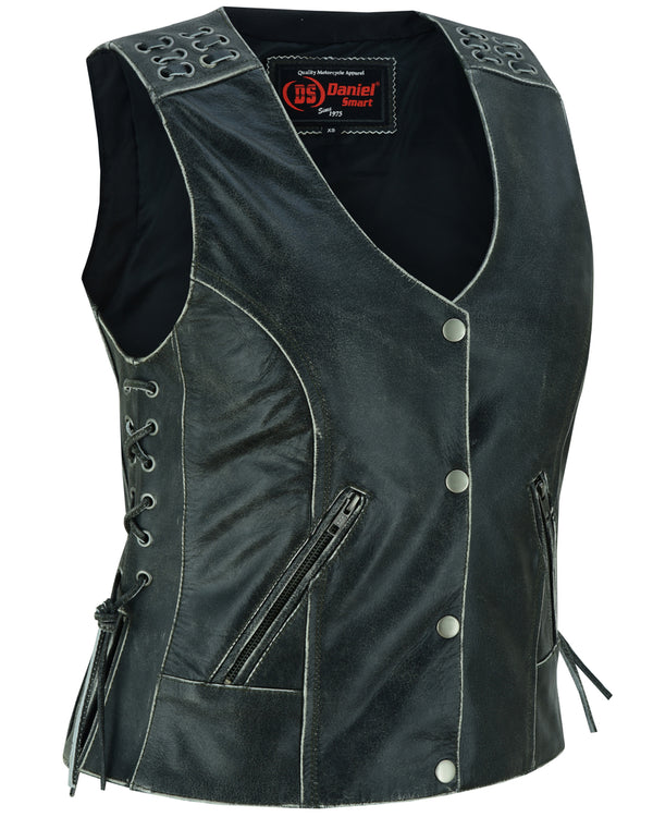 V Women's Gray Vest with Grommet and Lacing Accents