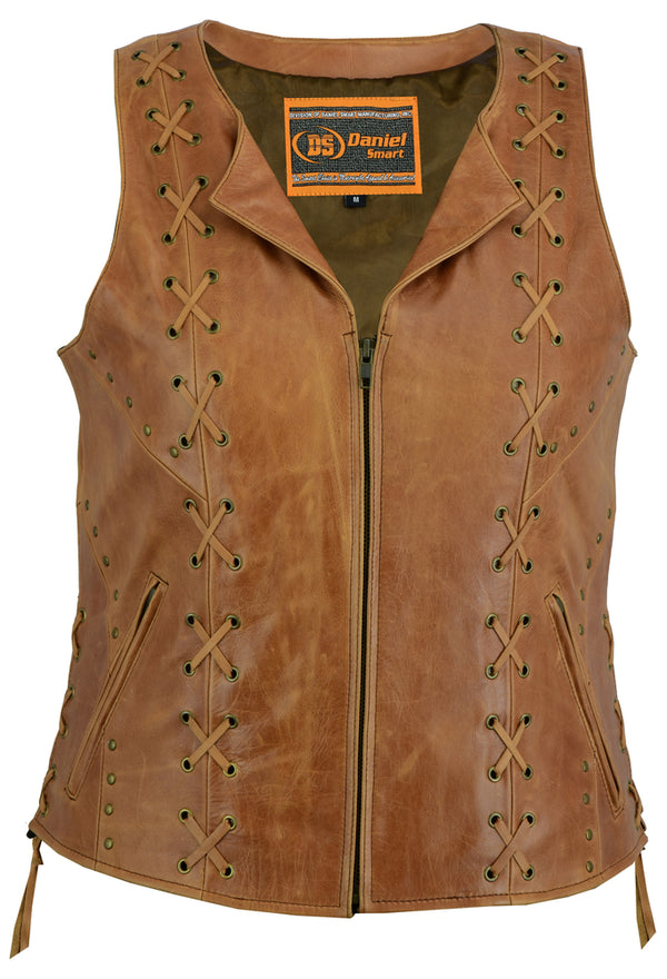 Women's Brown Zippered Vest with Lacing Details