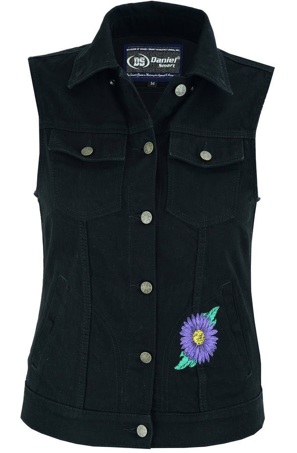 Women's Black Denim Snap Front Vest with Purple Daisy