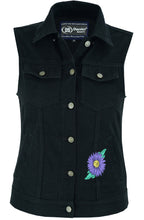 Women's Black Denim Snap Front Vest with Purple Daisy