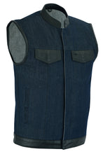 Men's Broken Blue RoughRub-Off Raw Finish Denim Vest W/Leather