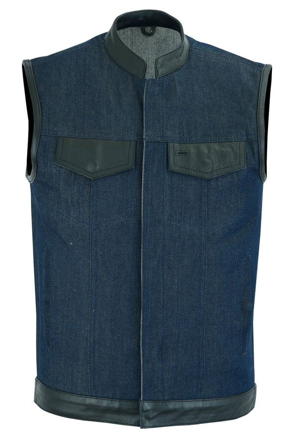 Men's Broken Blue RoughRub-Off Raw Finish Denim Vest W/Leather