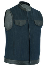 Women's Broken Blue Rough Rub-Off Raw Finish Denim Vest W/Leath