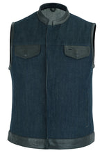 Women's Broken Blue Rough Rub-Off Raw Finish Denim Vest W/Leath