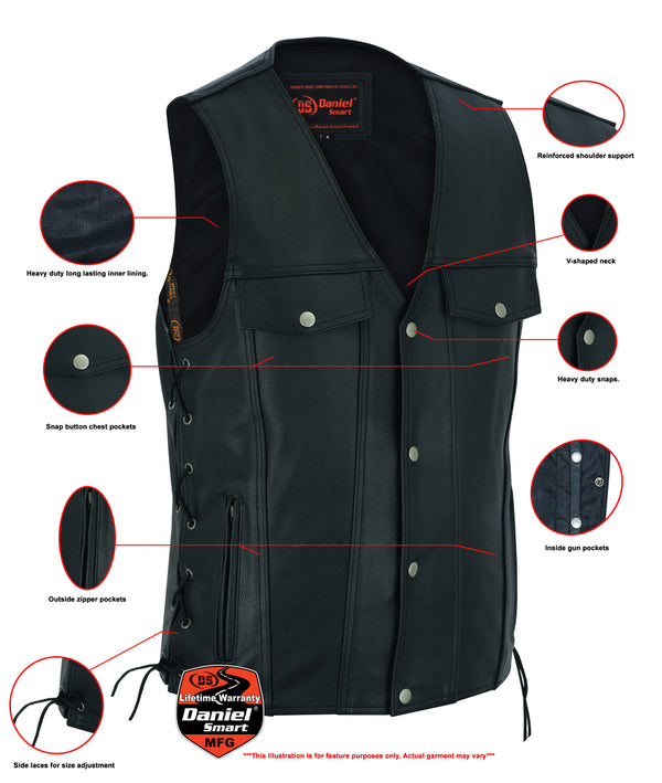 Men's Black Leather Vest with Side Laces and Gun Pockets