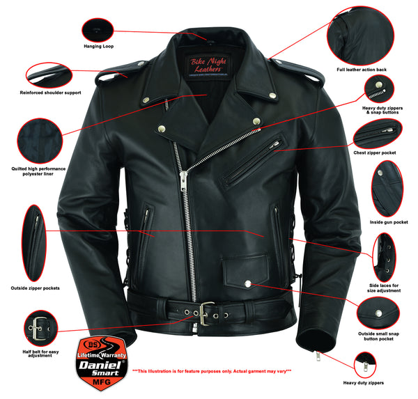 Economy Motorcycle Classic Biker Leather Jacket - Side Laces