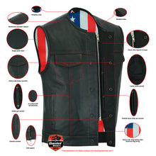 Men's Leather Vest with Red Stitching and USA Inside Flag Linin