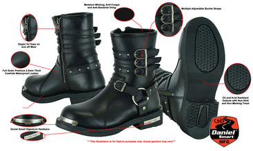 Women's 9 Inch Black Triple Buckle Leather Harness Boot