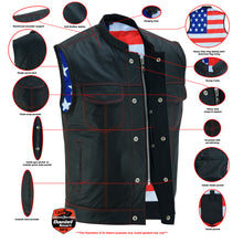 MEN'S LEATHER VEST WITH RED STITCHING AND USA INSIDE FLAG LININ