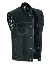 Men's Paisley Black Leather Motorcycle Vest with White Stitchin