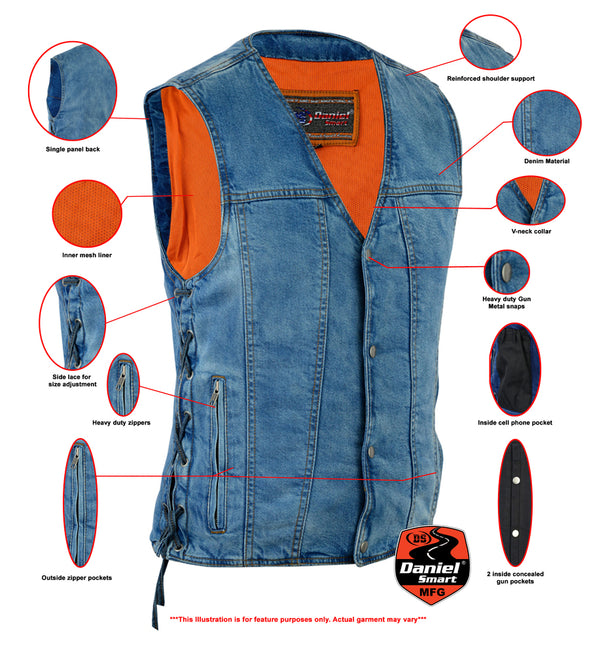 BU    Men's Single Back Panel Concealed Carry Denim Vest