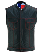 MEN'S LEATHER VEST WITH RED STITCHING AND USA INSIDE FLAG LININ