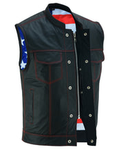 MEN'S LEATHER VEST WITH RED STITCHING AND USA INSIDE FLAG LININ