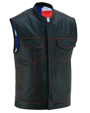 MEN'S LEATHER VEST WITH RED STITCHING AND USA INSIDE FLAG LININ