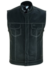 Men's Paisley Black Leather Motorcycle Vest with White Stitchin