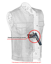 Men's Paisley Black Leather Motorcycle Vest with White Stitchin